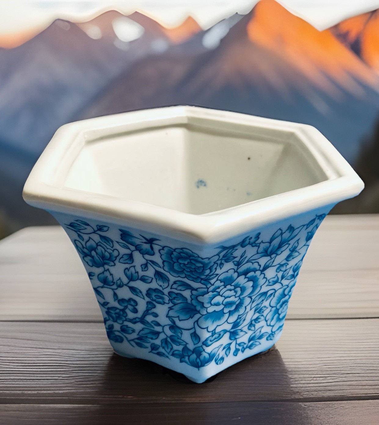 4” Blue & White Jacobean Floral Hexagon Planter Plant/Bonsai/Succulents ...