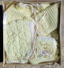 Vintage 1960s Baby Handmade Gift Sweater, Bonnet  Booties Maize Acrylic