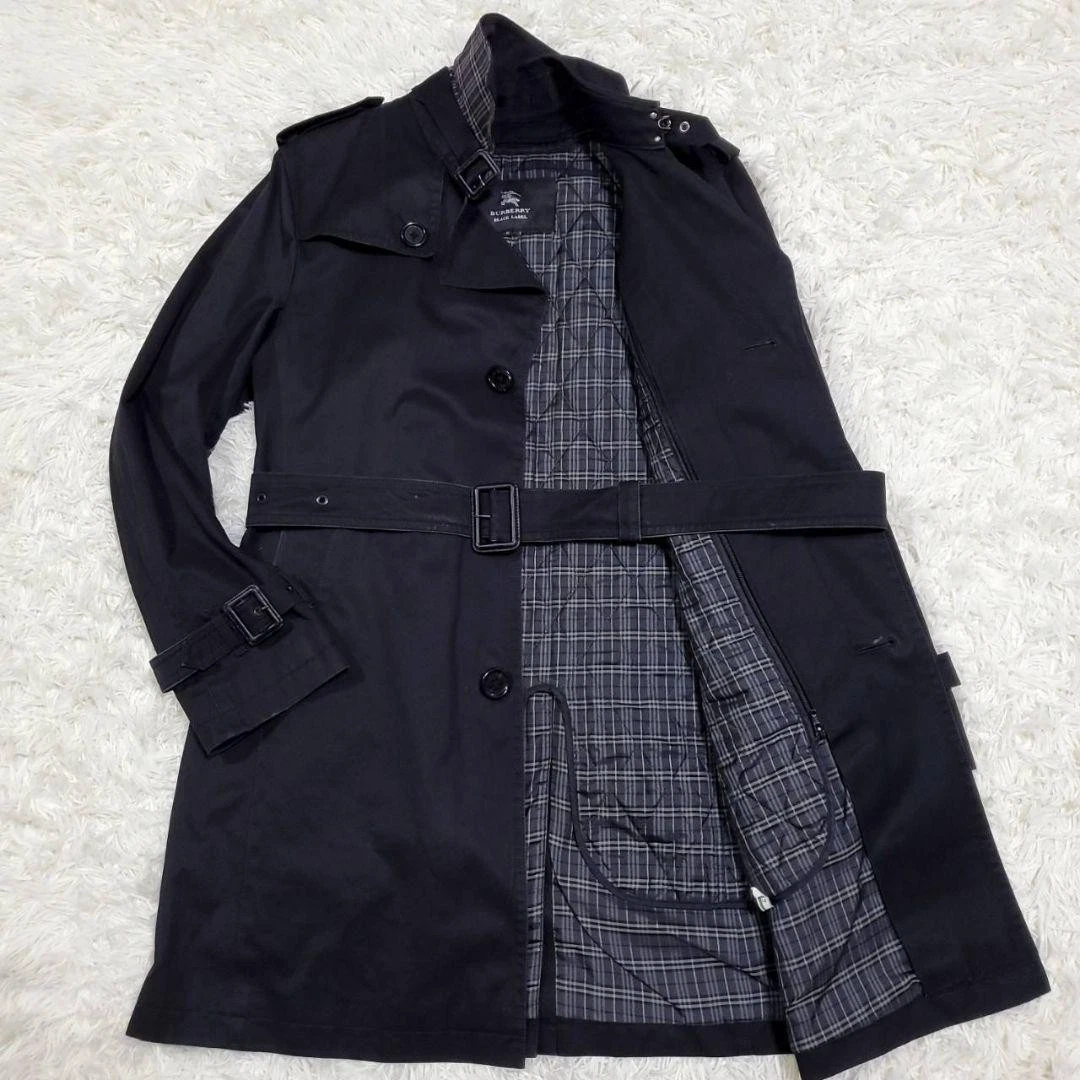 Burberry Black Label Trench Coat Nero Fodera Cotone Nova Check US Taglia S Autentico