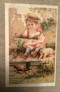 1800s Victorian Trade Card girl with puppy dog and mallard ducks