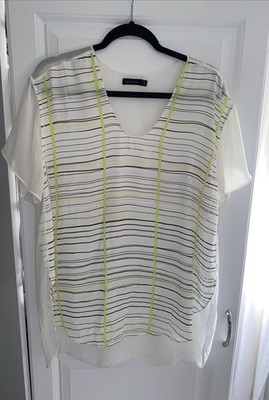 Calvin Klein Jeans Women's Cream Black Green Stripe Sheer Blouse Shirt Size XL