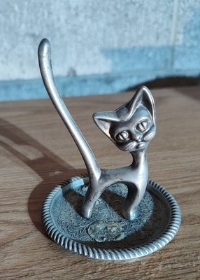 Vintage Silver Plate Kitty Cat Ring Holder Jewelry Dish Long Tail Hong Kong