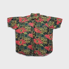 Vintage 90s Hawaiian Shirt Men Large Red Abstract Floral Geometric AOP Button Up