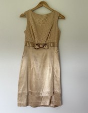 Vintage 60s Gold Brocade Satin Bow Jackie O Style Step Hem Cocktail Dress Sz 10