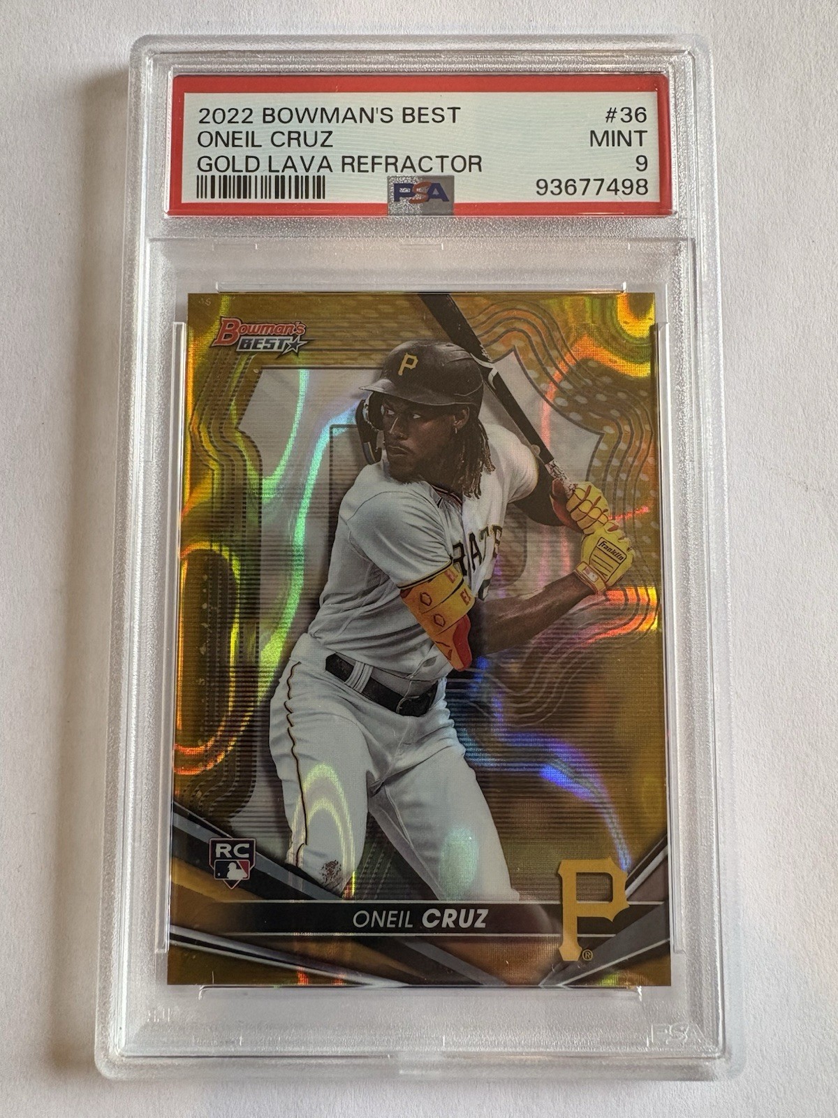 ONEIL CRUZ Rookie 2022 Bowman's Best GOLD Lava Refractor #'d 29/75, PSA 9!!
