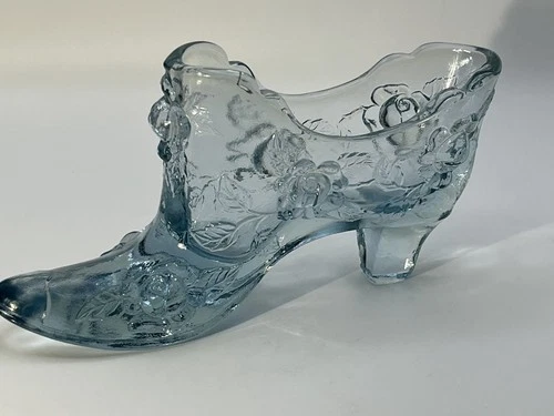 Vtg Fenton Art Glass Pale Ice Misty Blue Cabbage Rose Shoe Slipper