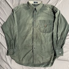 Vintage Chaps Ralph Lauren Distressed Faded Green Cotton Twill Button Up Size XL