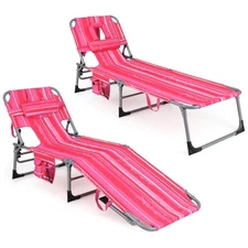 Goplus 2 PCS Outdoor Beach Lounge Chair Folding Chaise Lounge with Pillow Hot