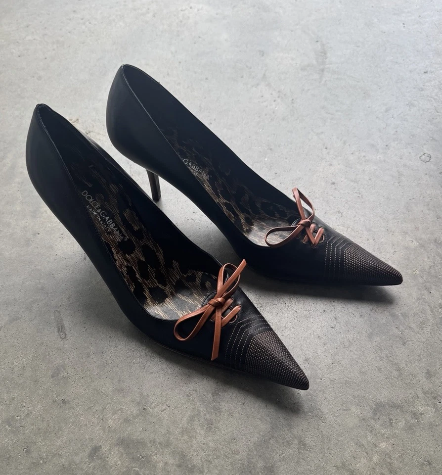 VTG Y2K Dolce & Gabbana Heels Women's 38.5 Black Leather Stilleto Pumps Leopard - Image 4 of 4