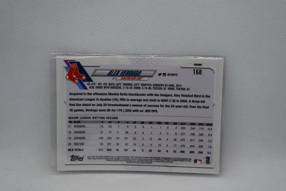 Alex Verdugo #168 - 2021 Topps Chrome - Boston Red Sox - Pink Refractor - Image 2 of 2