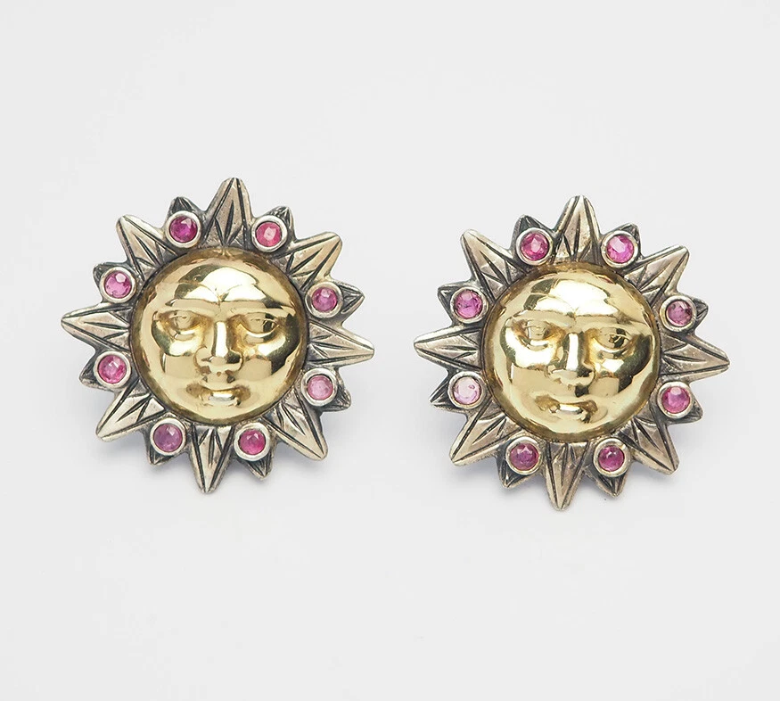Fun vintage sun face sterling silver and gemstones clip on earrings by JADED