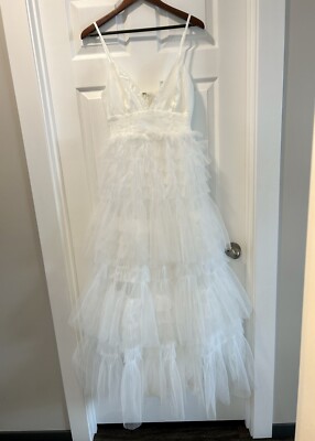 Anthropologie MABLE White Boho Bridal Maxi Dress Tulle Tiered NWT Medium