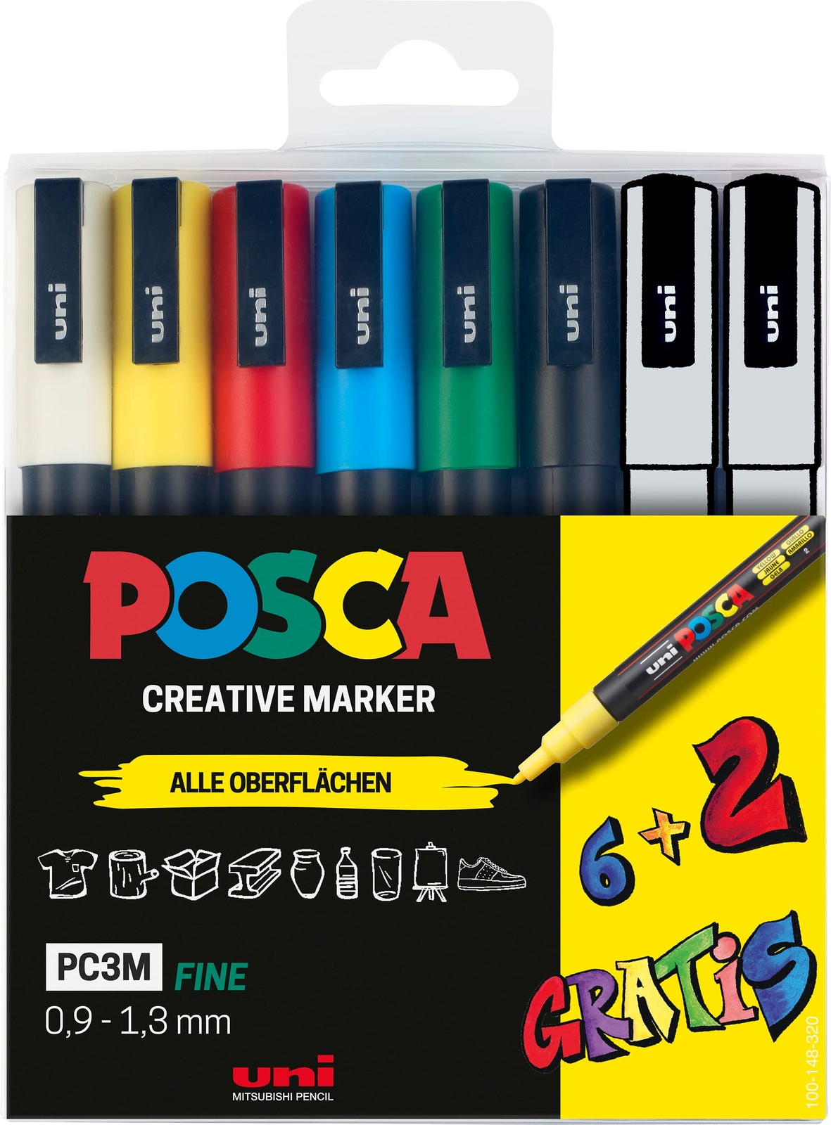 uni-ball Posca 186825 Marker Set, 8-Piece Case Acrylic Pens PC-3M, 0.9-1.3 mm, 6