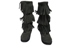 Minnetonka Moccasin Boots Black Suede 3 Layer Fringe Size 7