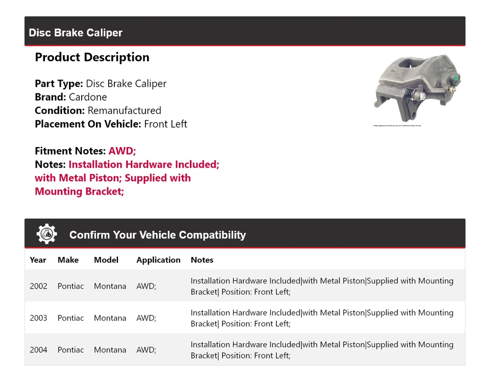 Pinza de freno de disco delantera izquierda cardone 2003 para Pontiac Montana 2002-2004 AWD Foto 2 de 4