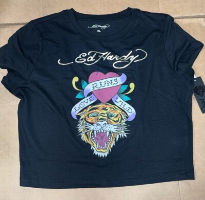 Ed Hardy Tiger Baby Tee Love Runs Wild Black Crop Top SHIRT