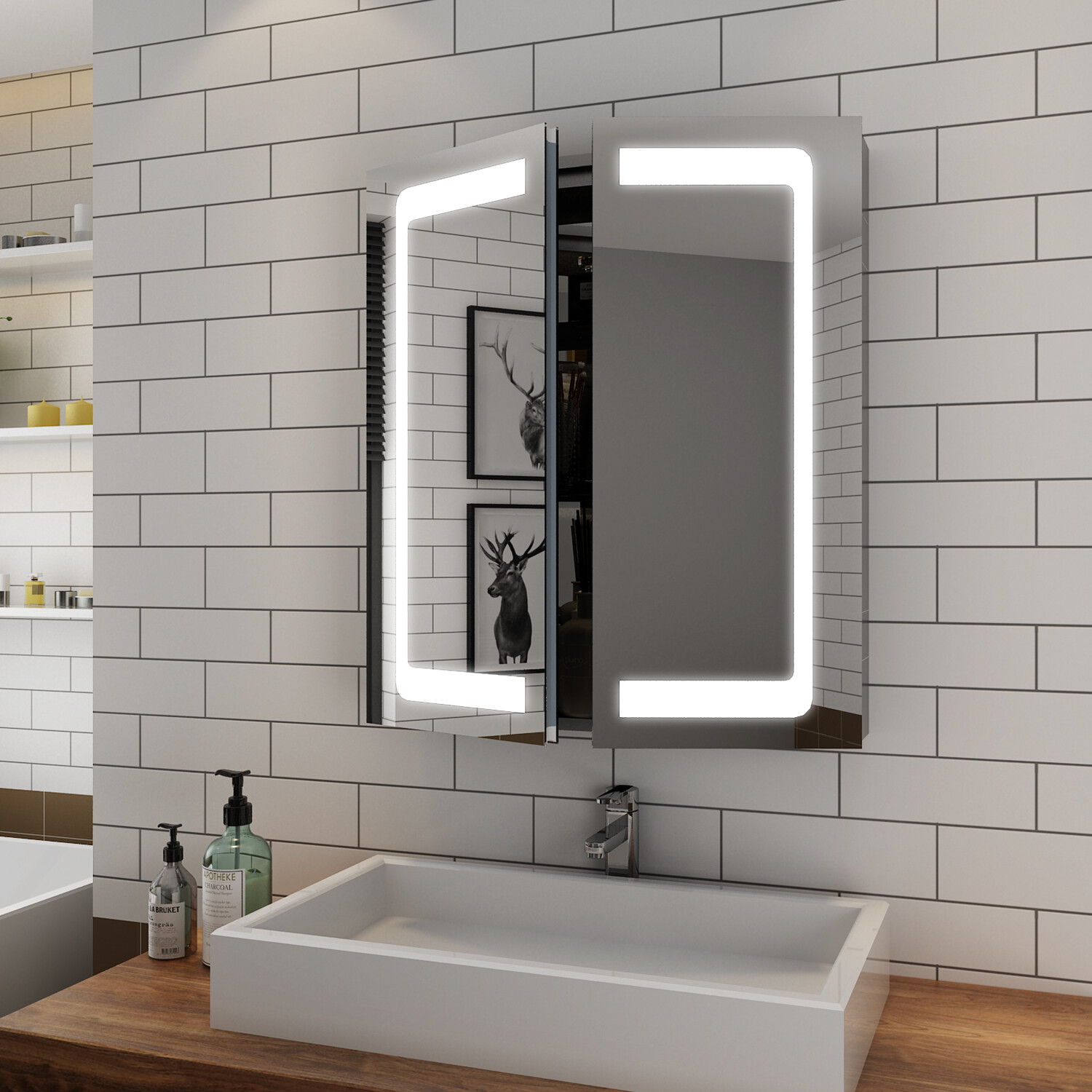 LED Illuminated Bathroom Mirror Cabinet with Shelf Storage 600x700 Wall Mounted | eBay UK