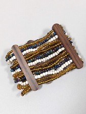 Brown Wood White Brown Glass Bead Wide Tribal Style Beachy Stretch Bracelet 7 in