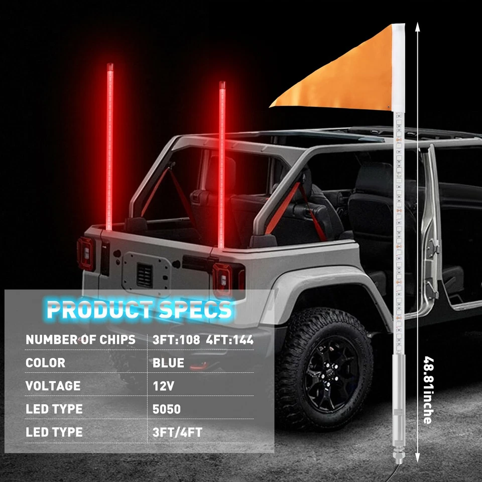 2X 3FT LED Whip Light RED Antenna Light Fit For RZR Polaris Offroad ATV UTV 4WD - Image 3 of 4