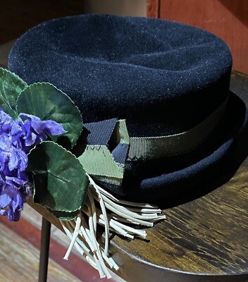 Lisa Shaub Hat Black Flower Olive Ribbon Purple Bow Felt  display picture 3