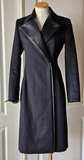 Rare Sportmax Us Sz 4 Black Virgin Wool Long Coat Trench Jacket Lambskin Leather