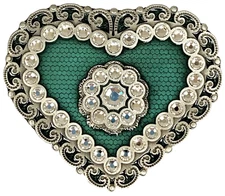 BELT BUCKLES USA Heart Swarovski Crystals Western Scroll Silver Teal Green NWOT!
