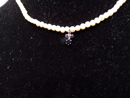 Choker Necklace with Small Faux Pearls and Genuine Sapphires 16" - Picture 4 of 4