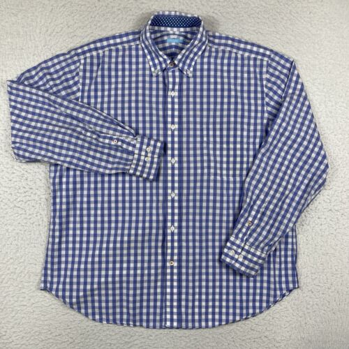 J McLaughlin Shirt Mens XL Blue White Plaid Preppy Workwear Casual Office Career