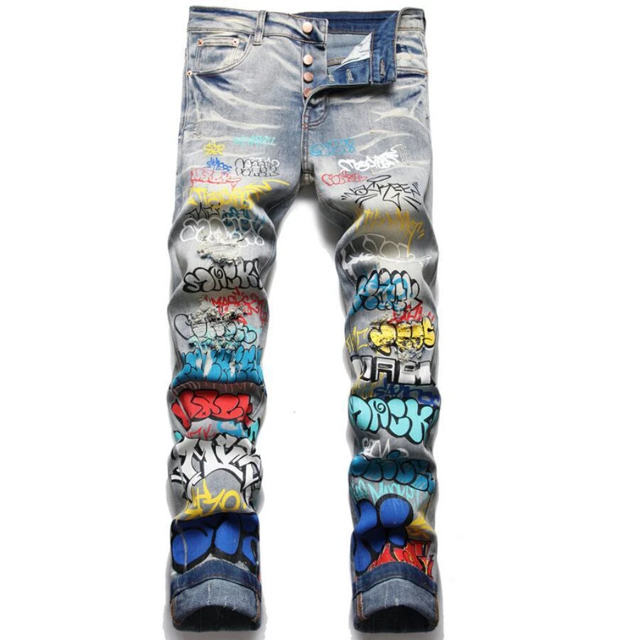 Men's Light Blue Graffiti Printed Hip Hop Punk Boys Ripped Denim Jeans Trousers