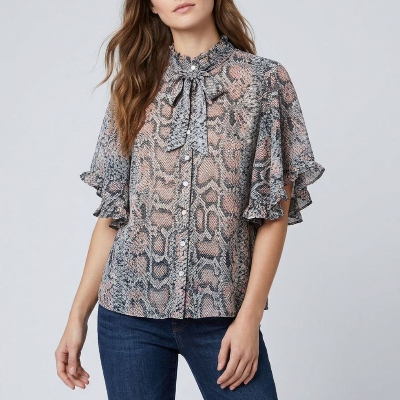 Truth Snake Print Blouse XL Pink Grey Snakeskin Ruffle Flutter Sleeve Tie Neck