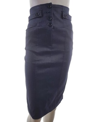 Vintage Business Midi Rock Blau Jersey Bleistift Knopfleiste Stretch Gr. 36