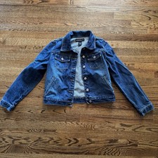 Express Bleus Blue Jean Jacket Large 100 Cotton Vintage Y2K Trucker Dark Denim