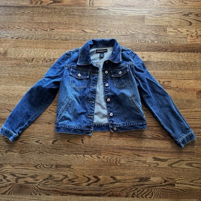 Express Bleus Blue Jean Jacket Large 100% Cotton Vintage Y2K Trucker Dark Denim