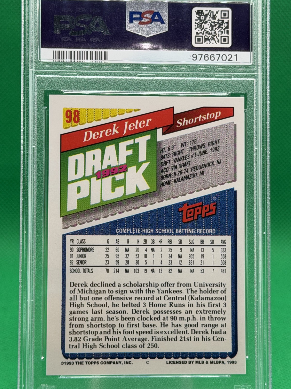 1993 Topps Gold Derek Jeter #98 Draft Pick Rookie PSA 9 view 2