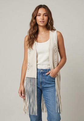 Damen Weste Beige Wildleder Fransen Häkeln Stickerei