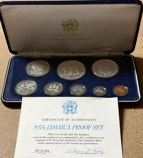 1974 JAMAICA - OFFICIAL PROOF SET (8) w/ 2 SILVER - 1.88 Oz ASW - OGP w/ COA!