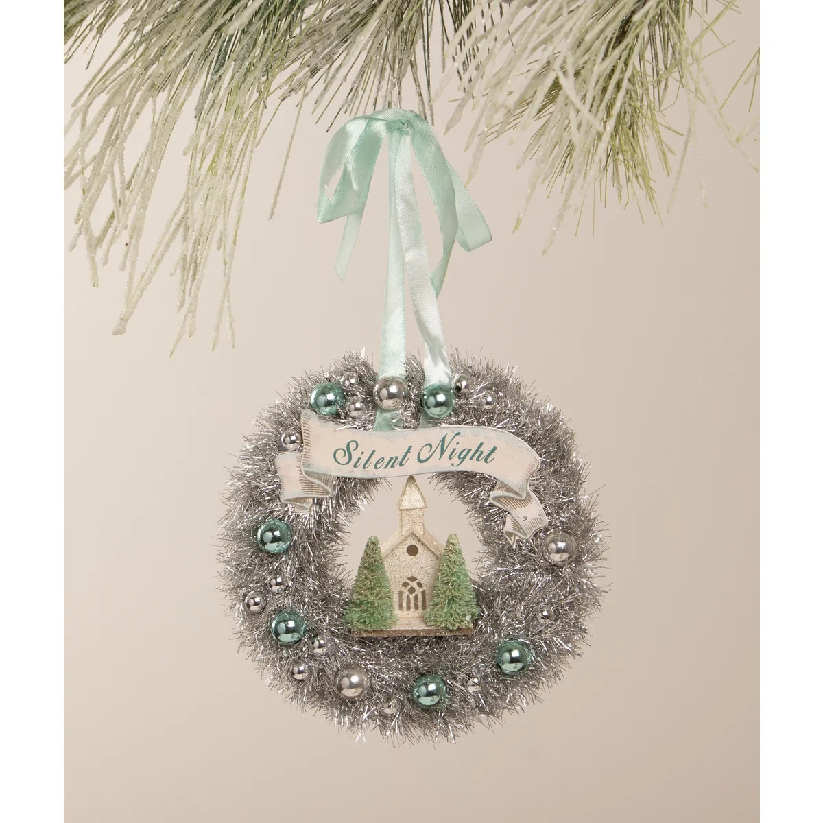 Bethany Lowe Christmas Decor The Pastel Wreath with Church Aqua Color