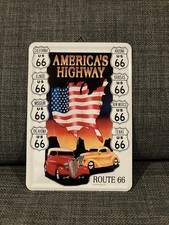 ++ Blechschild Blechpostkarte Americas Highway Route 66 Oldtimer 14,4x10,1cm ++