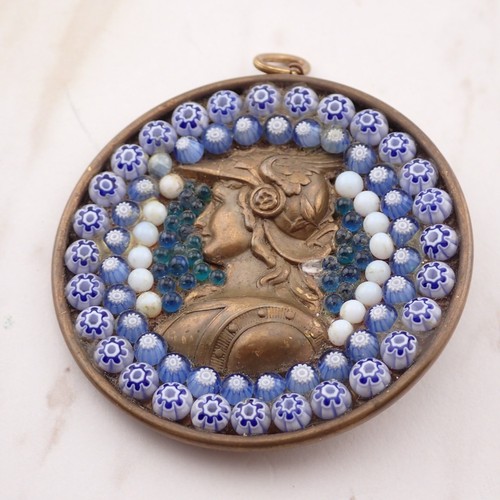 Vintage Brass Roman Millefiori Glass Mosaic Round Medallion Pendant by Harris - Picture 5 of 5