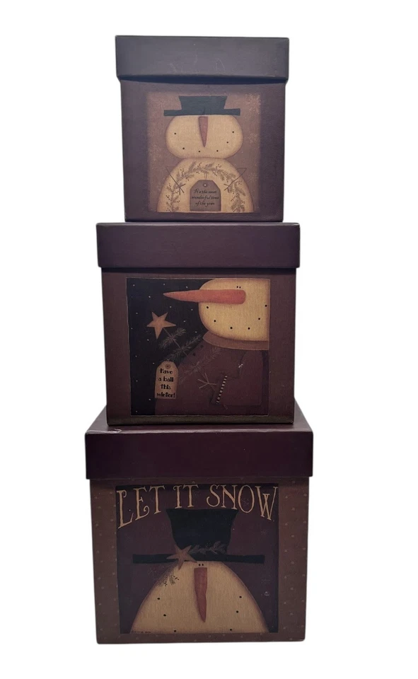 3 Vtg Snowman Stacking Nesting Boxes Blossom Bucket Primitive Folk Art Christmas - Image 4 of 4