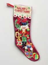 Vintage Handmade Needlepoint Christmas Stocking - Nutcracker w/ Toys  Wreath