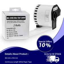 2Rolls 62mmx30.4m DK-2205 Continuous Tape for Brother QL Label Printer