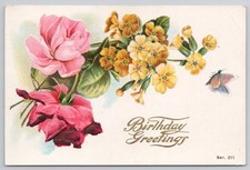 Vintage Embossed Birthday Greetings Postcard Pink Roses Yellow Flowers Butterfly