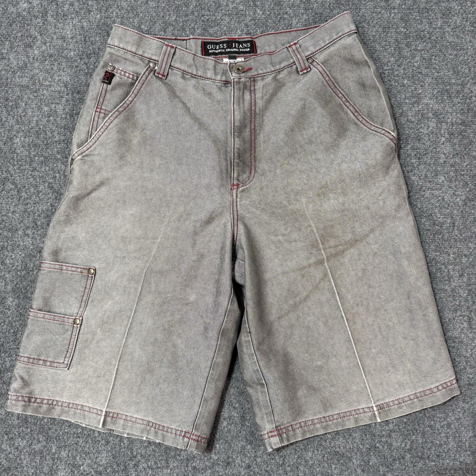 👖 Vintage Guess USA Carpenter Shorts Mens 33 Gray Red Stitch Baggy 90s Street