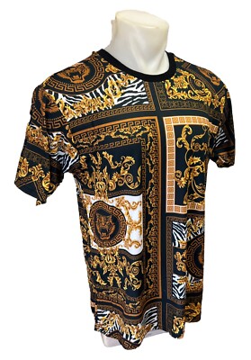 MENS VICTORIOUS SHORT SLEEVE SHIRT Urban BLACK GOLD LEOPARD TIGER HEAD 7391