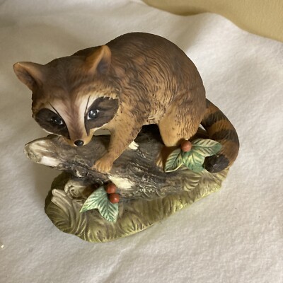 Vintage Masterpiece Porcelain by HOMCO Figurine Racoon on a Log HandPainted 1247