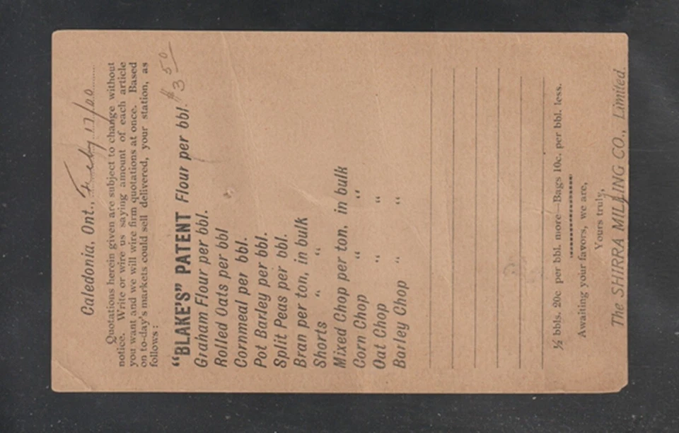 Caledonia Ontario Shirra Milling Co. Limited Private Post Card Circa 1900 - Image 3 of 3
