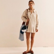 Free People Free-Est Checkin' In Mini Dress Cotton Long Sleeve Beige S 279510