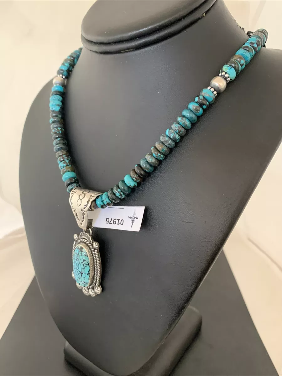 USA Mens Navajo Sterling Spiderweb Kingman Turquoise Necklace Pendant 1975
