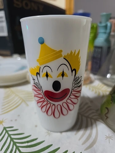 Vintage Hazel Atlas Clown Face Milk Glass Drink Tumbler 50s 250